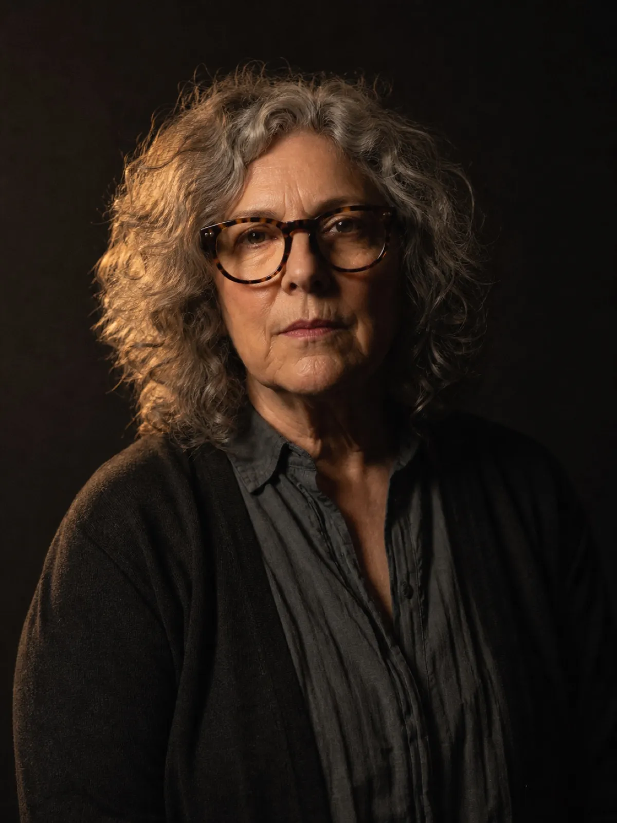Editorial portrait of a woman in her sixties with grey curls and heavy tortoiseshell glasses, chin resting on one hand, charcoal backdrop