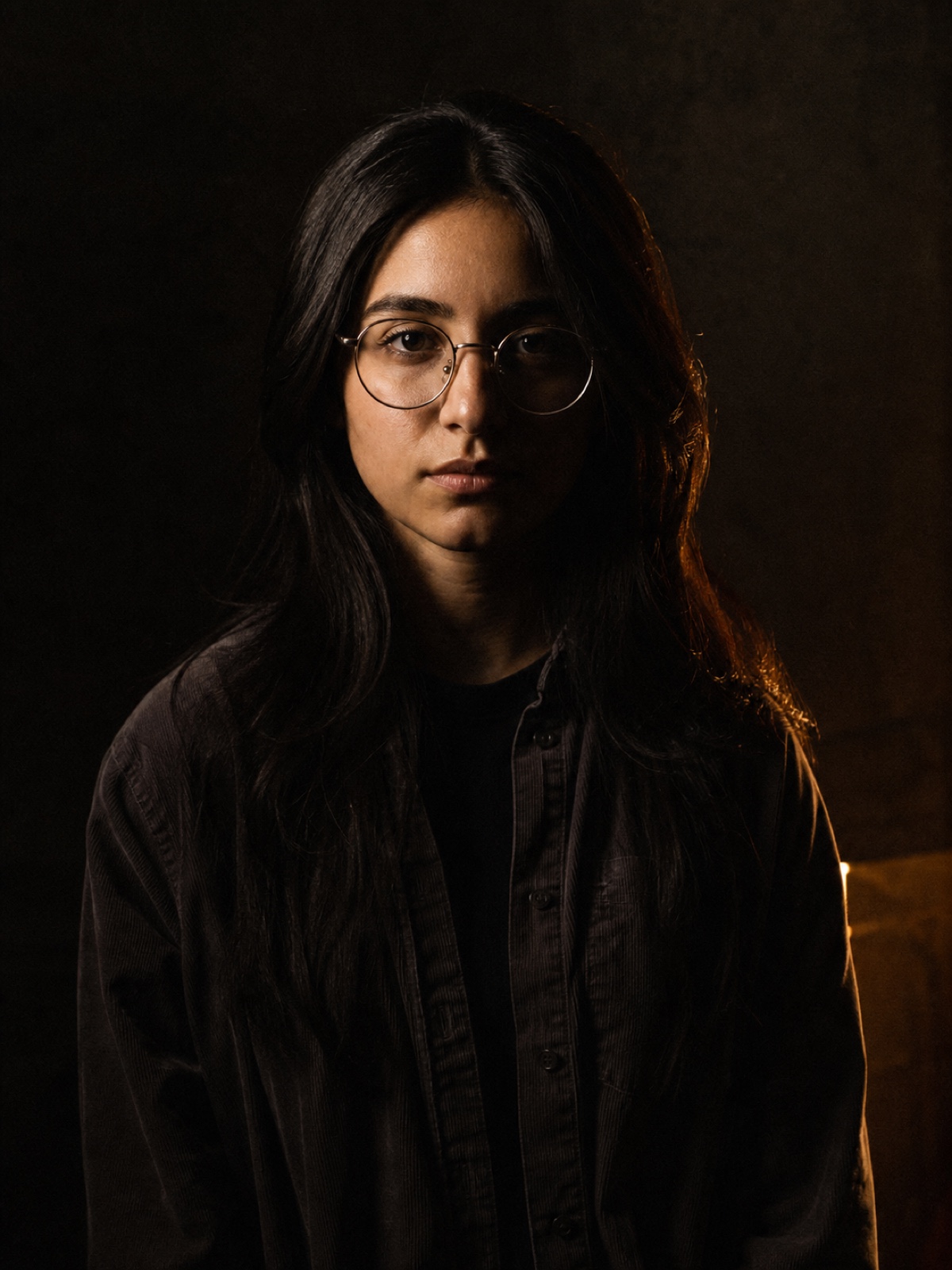 Editorial portrait of a young woman with long dark hair and wire-rim glasses looking directly at the lens, hard side light, deep charcoal backdrop