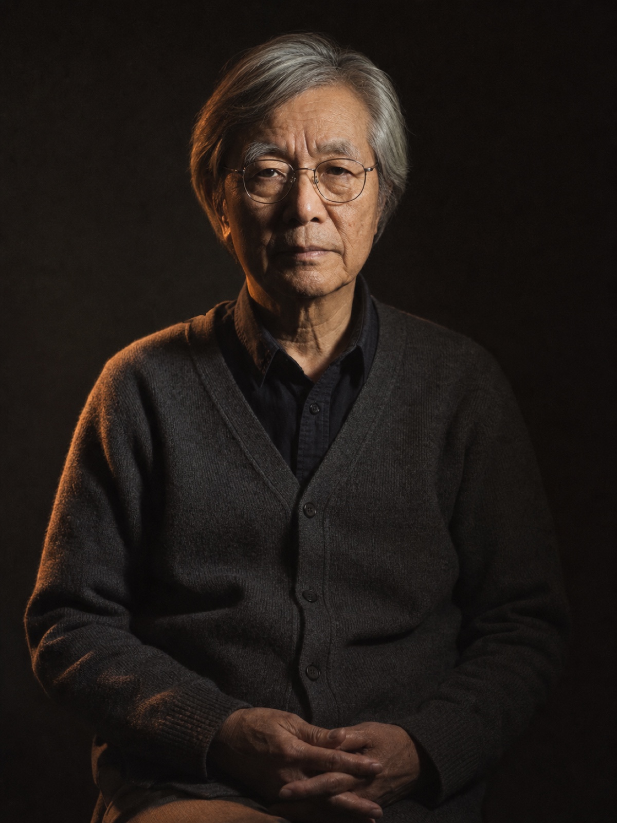 Editorial portrait of an older East Asian man with wire glasses and a grey cardigan, seated, hands clasped, charcoal backdrop