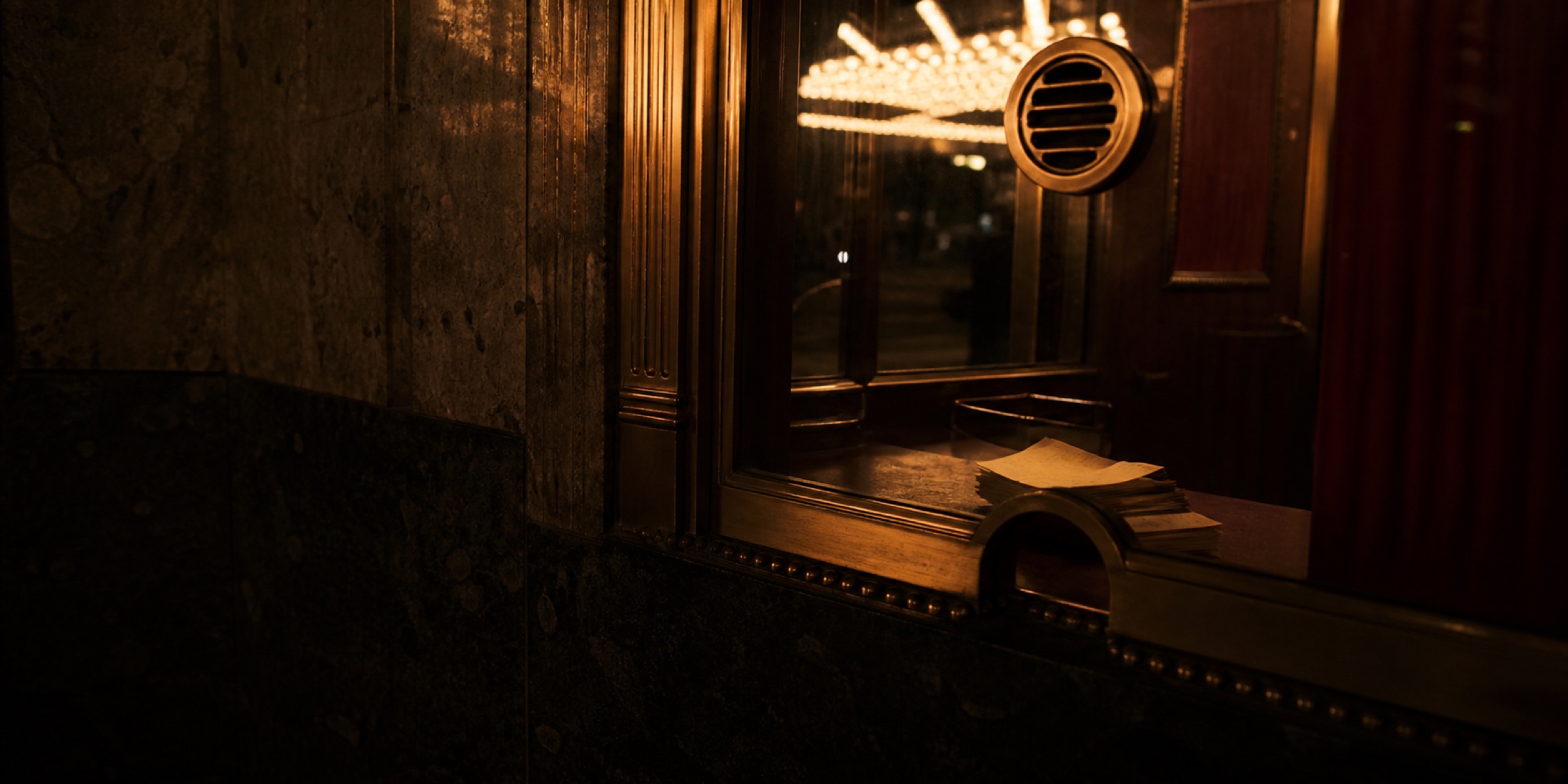 The theatre's original brass box-office window at night, glass reflecting the lit marquee bulbs outside, a stack of printed tickets on the counter