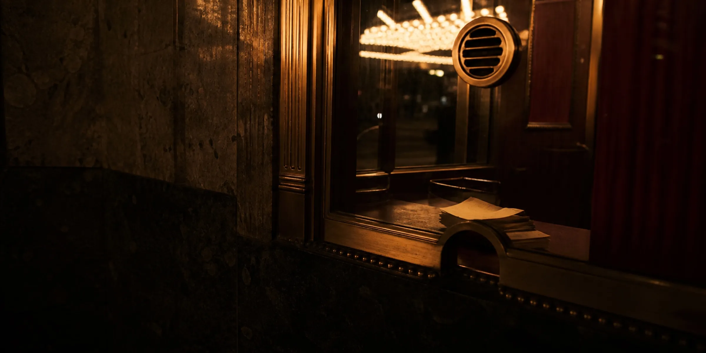 The theatre's original brass box-office window at night, glass reflecting the lit marquee bulbs outside, a stack of printed tickets on the counter