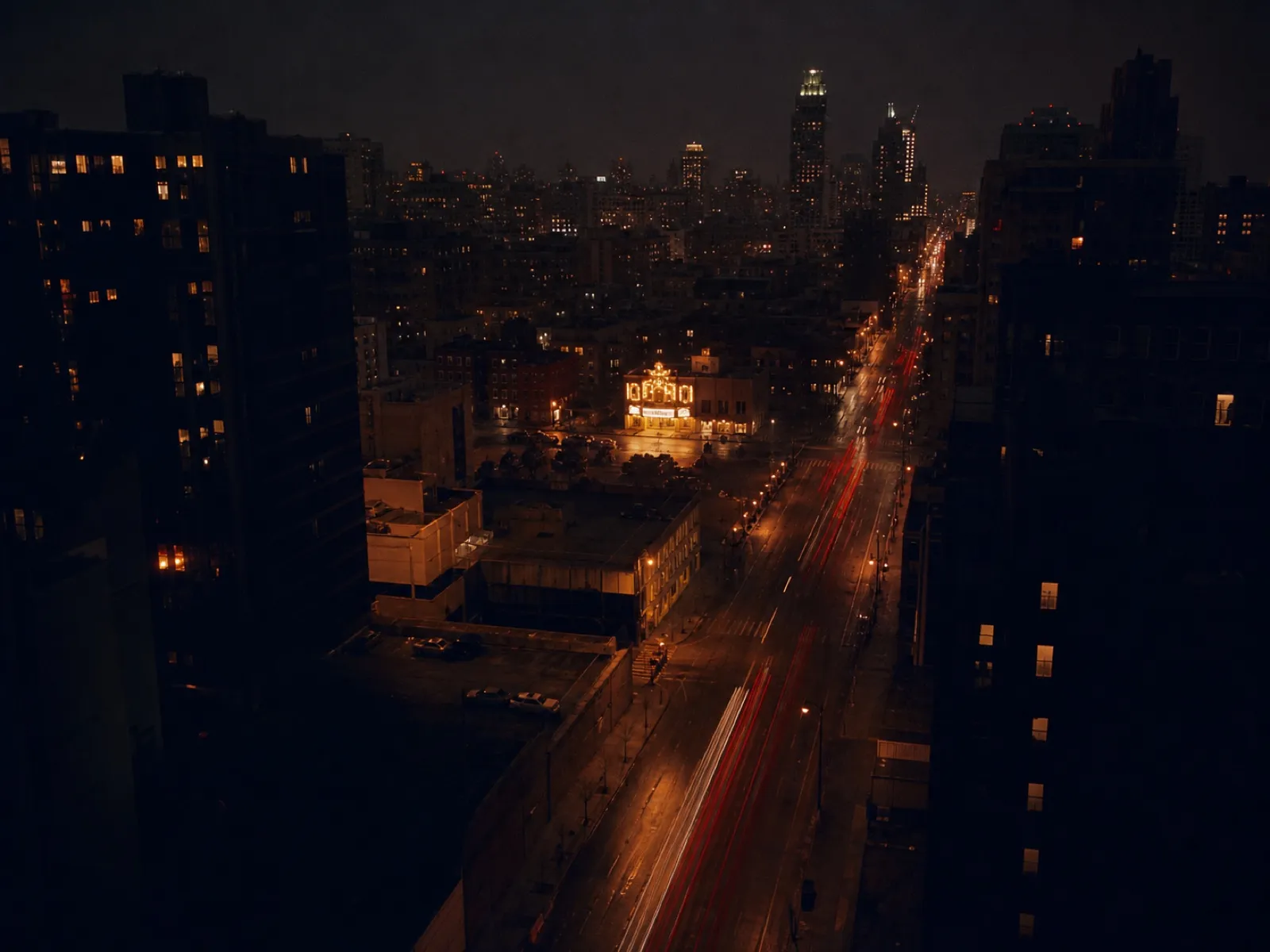Woodward Avenue at night from a high window, tail lights streaking, the theatre marquee small and bright in the middle distance