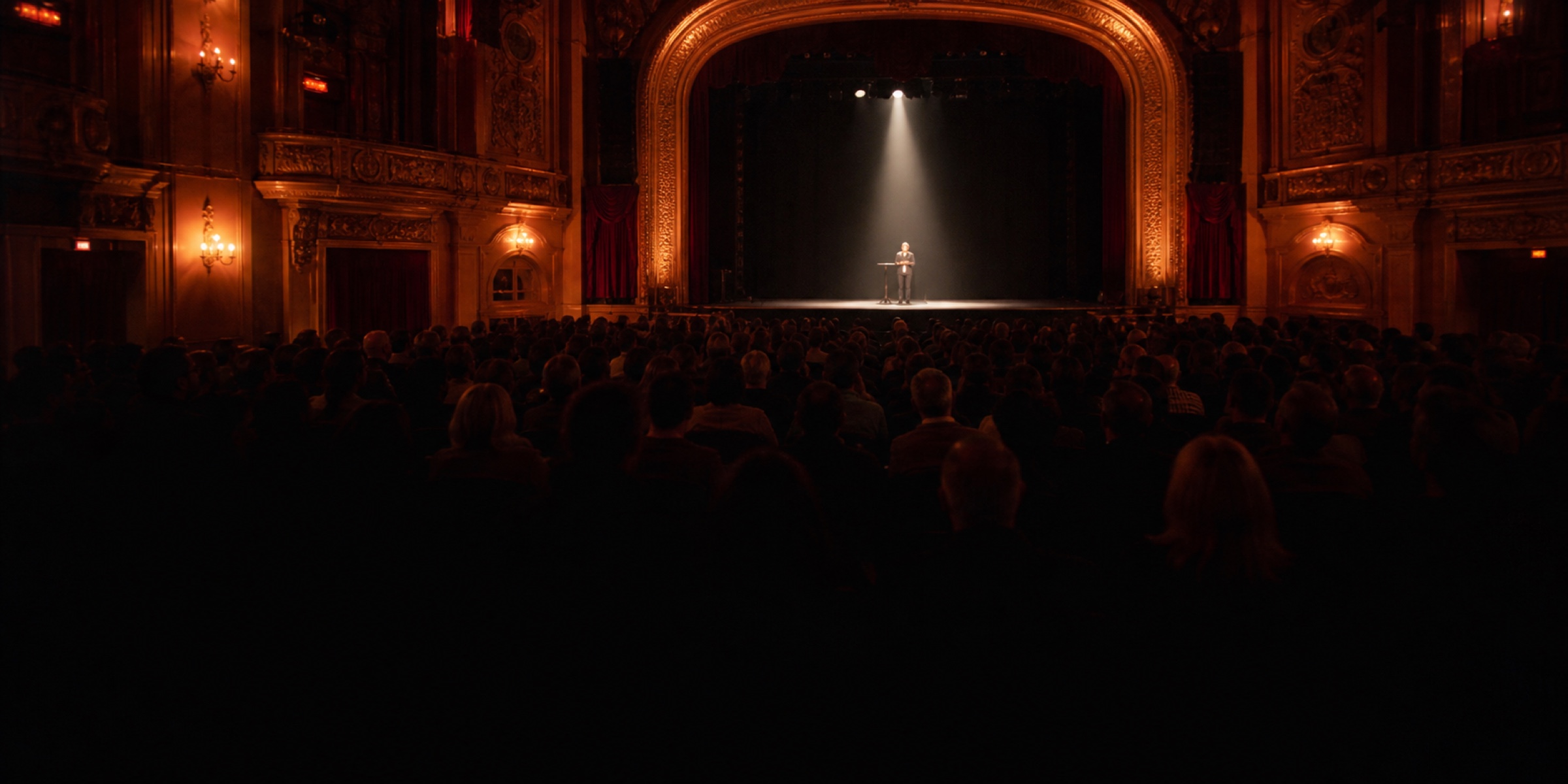 A full house inside a restored 1920s theatre, seen from the back of the stalls: warm proscenium arch, a lone speaker lit in a hard white spot, silhouetted heads filling the rows