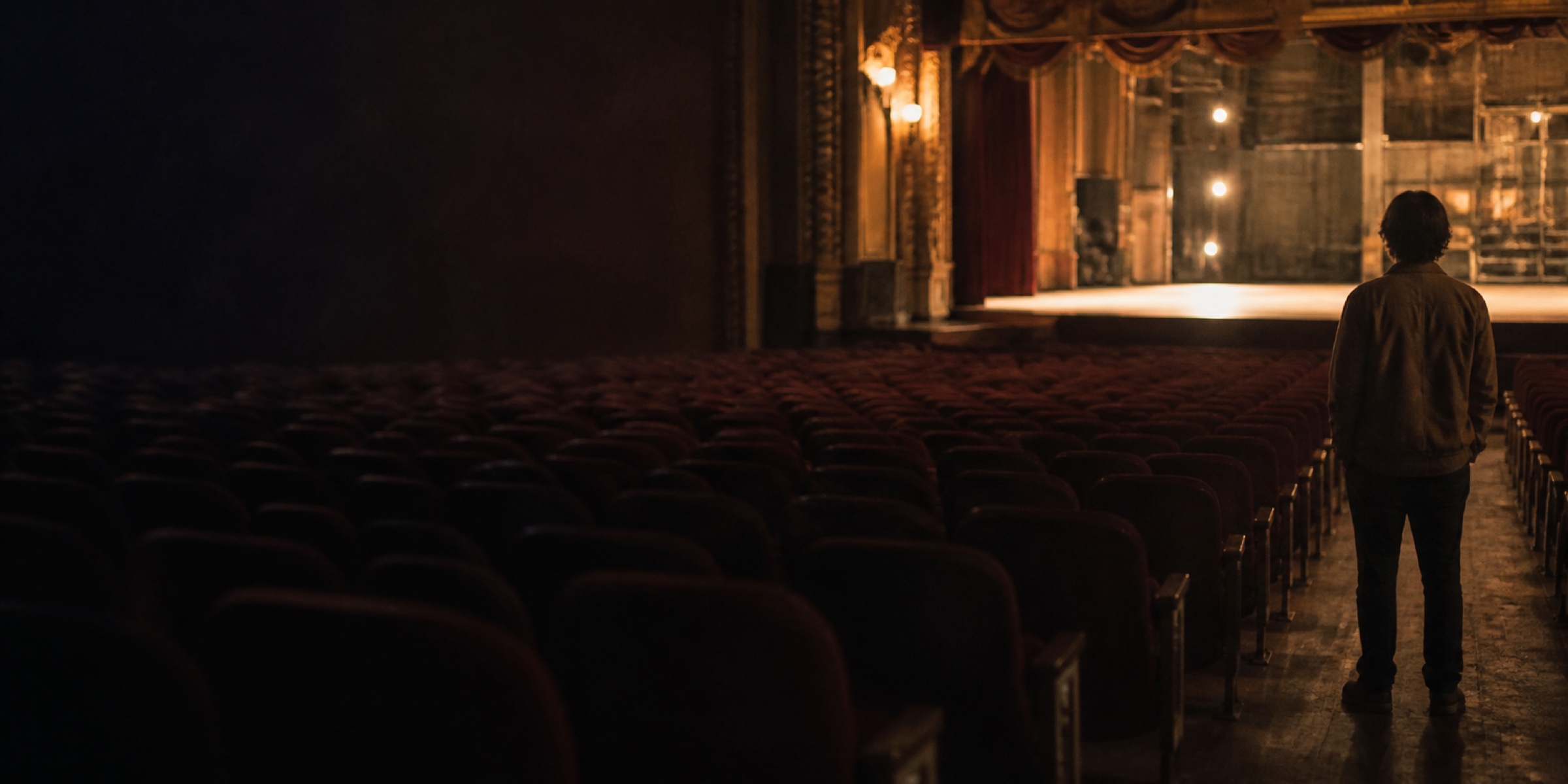 The theatre at the end of the night: house lights up, seats empty, one person still standing in the aisle looking back at the stage