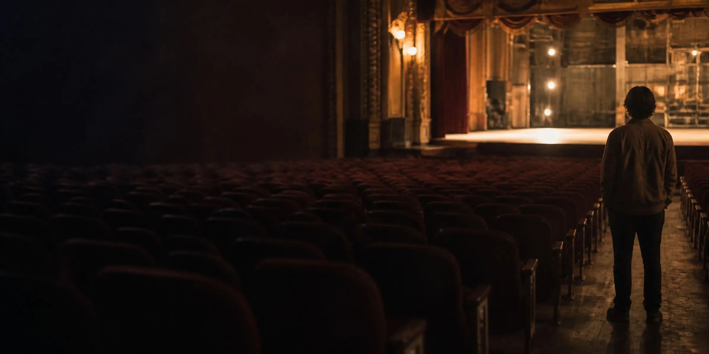 The theatre at the end of the night: house lights up, seats empty, one person still standing in the aisle looking back at the stage