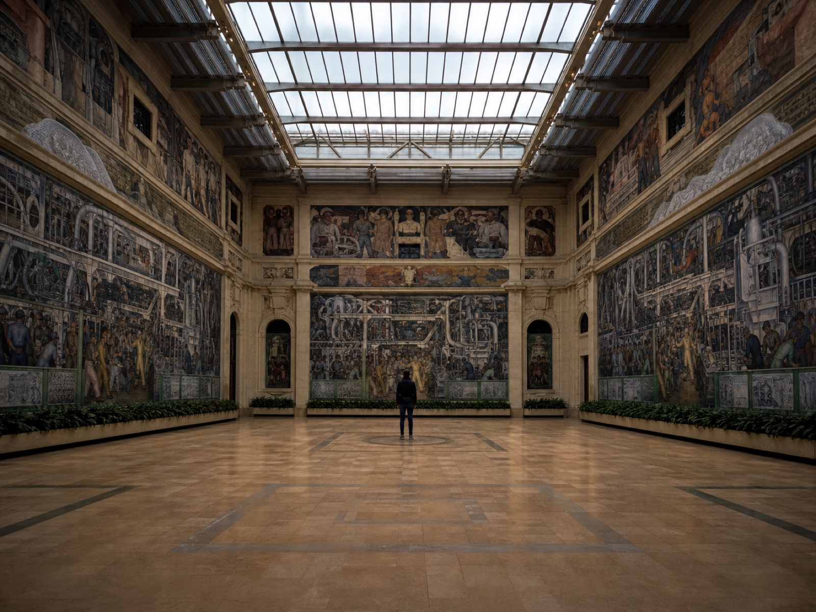 The Detroit Institute of Arts main hall, Rivera's industrial murals filling the walls, a lone visitor for scale