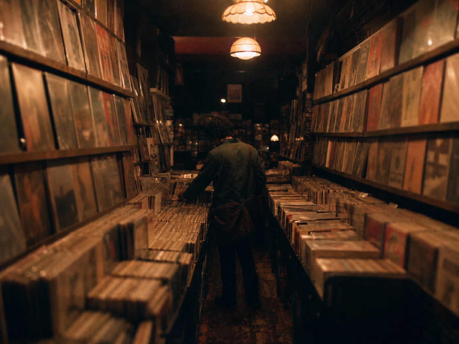 A narrow record shop interior, crates of vinyl to the ceiling, one customer flipping through a rack