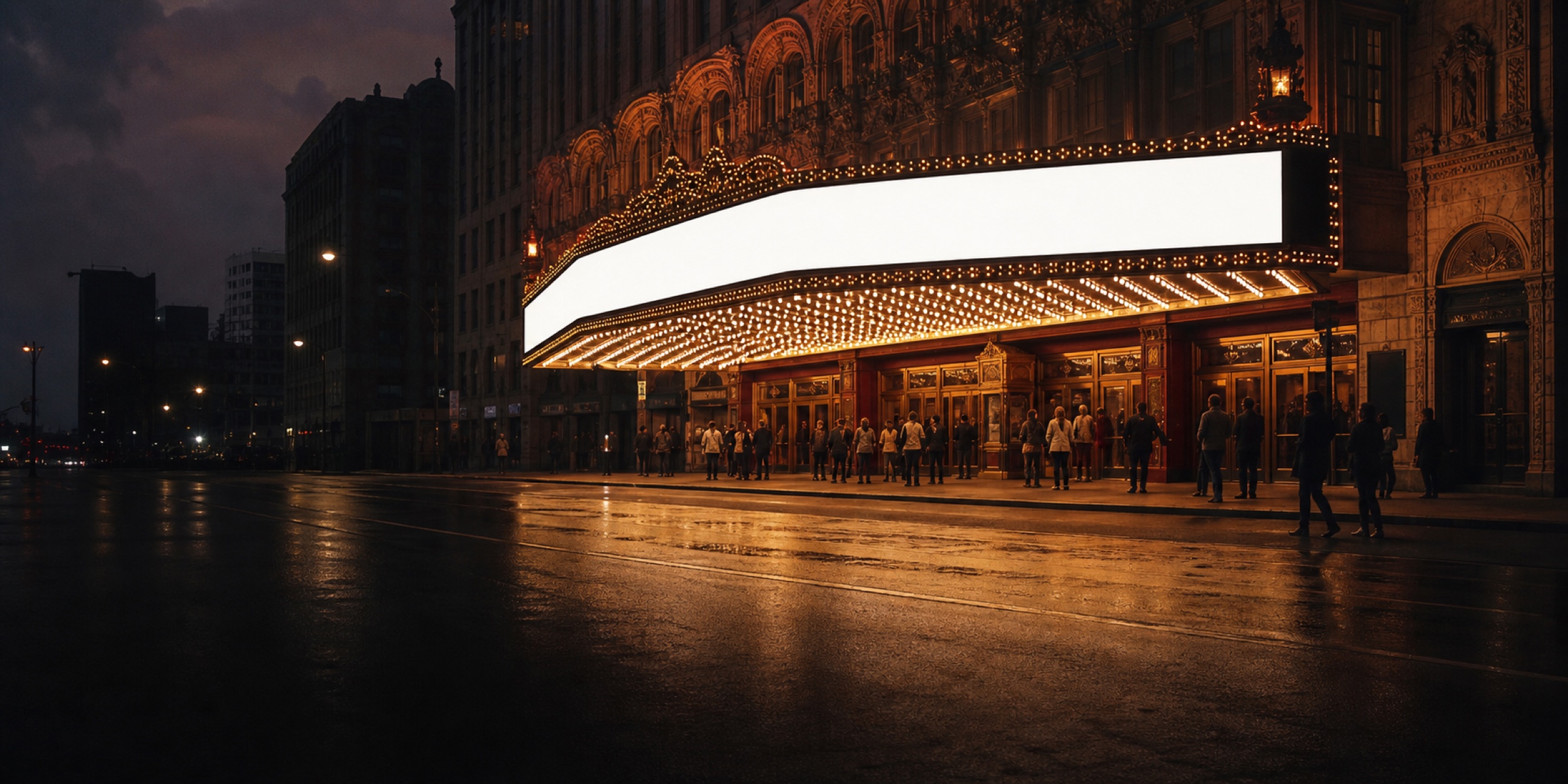 The Ambassador Theatre at dusk from across Woodward Avenue: a deep 1920s marquee canopy loaded with lit bulbs, wet asphalt reflecting the sign, city dark behind