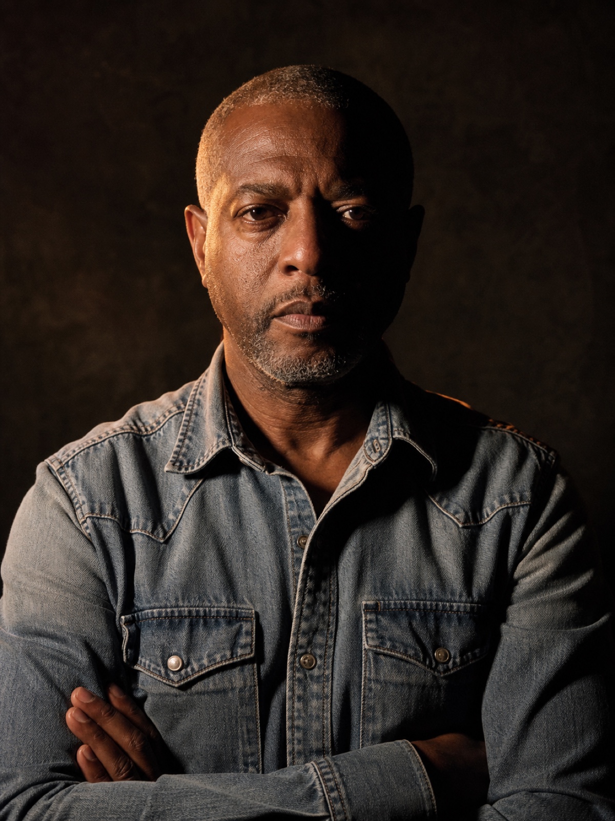 Editorial portrait of a Black man in his fifties with close-cropped grey hair and a denim shirt, arms folded, warm rim light on a charcoal backdrop