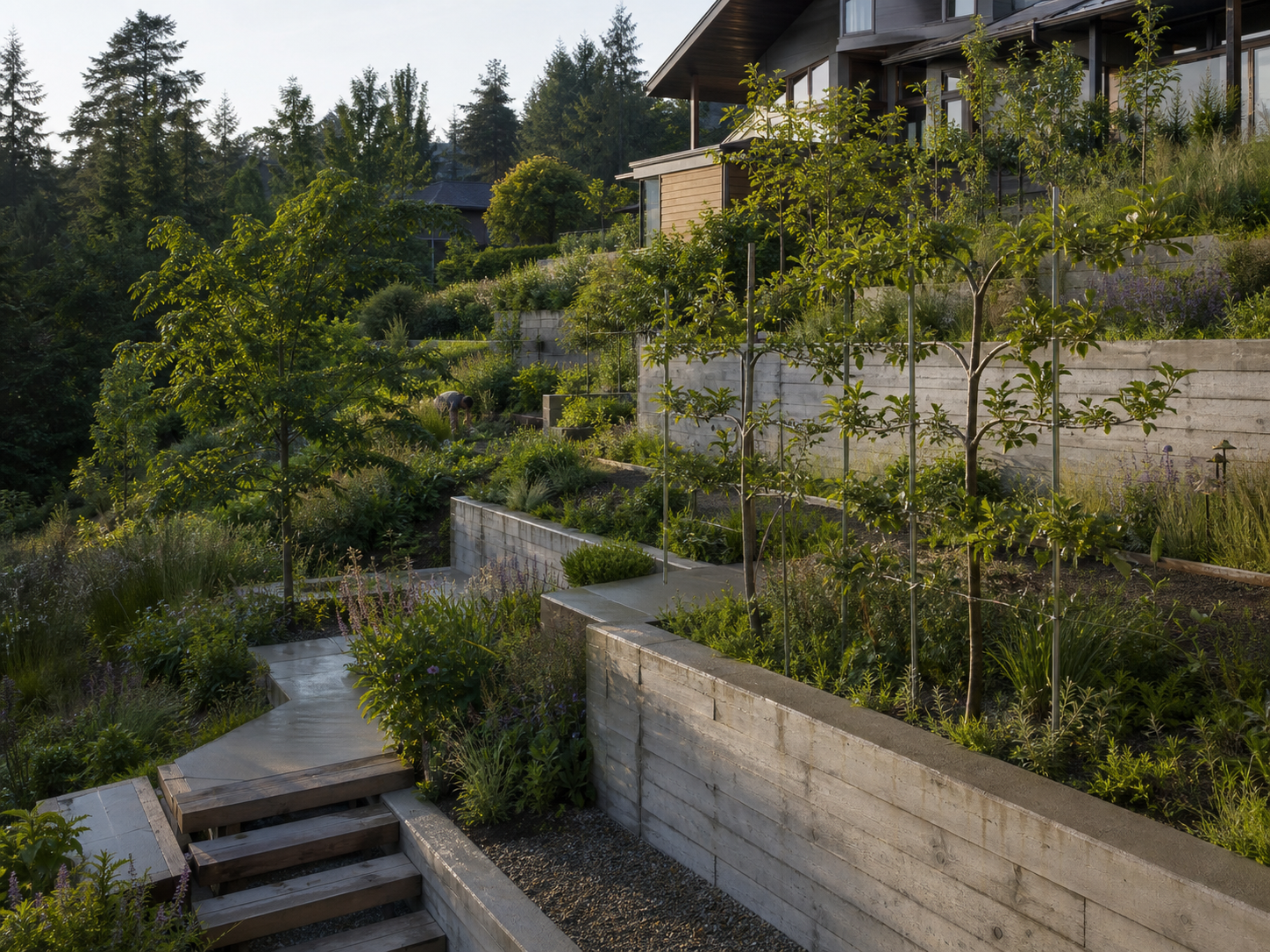 Terraced hillside garden with concrete walls, orchard trees, meadow plants, and timber steps