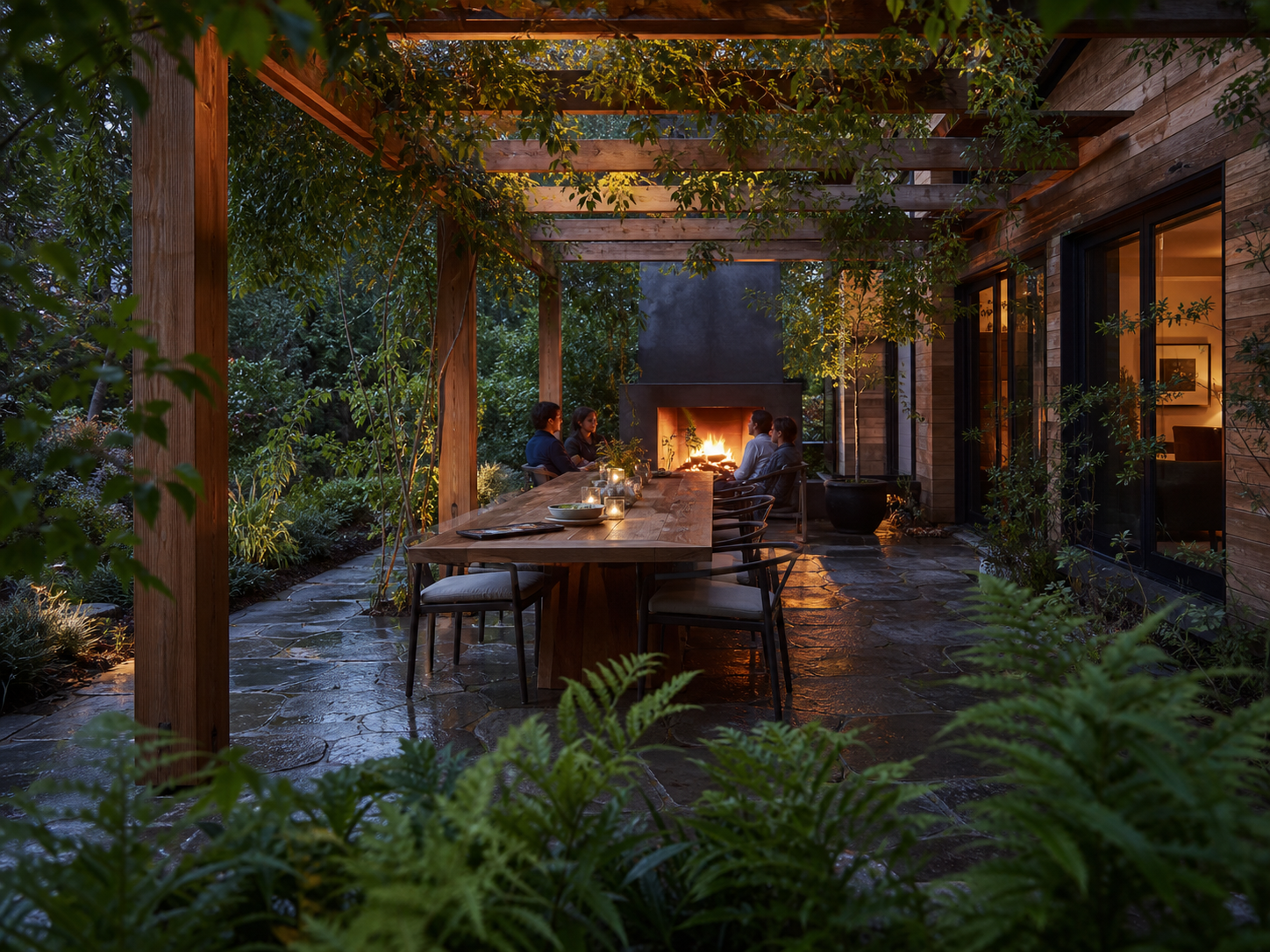Cedar pergola and stone dining terrace glowing around a hearth at blue hour