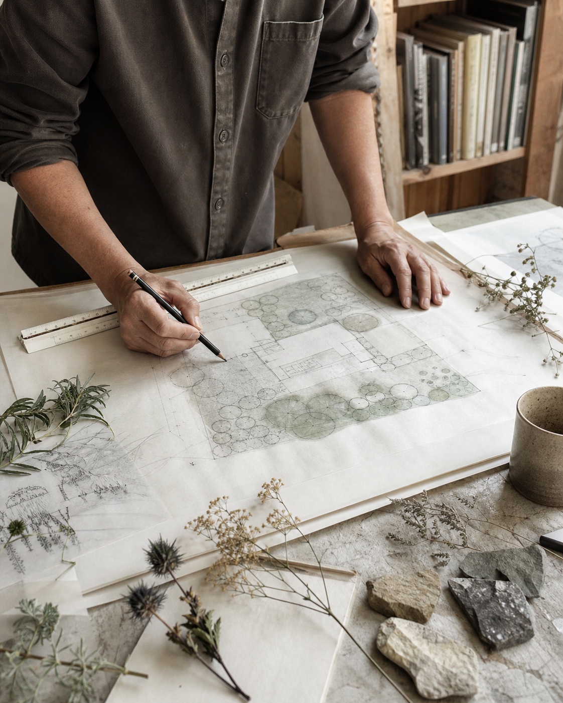 Landscape designer drawing a planting plan among stone samples and botanical cuttings