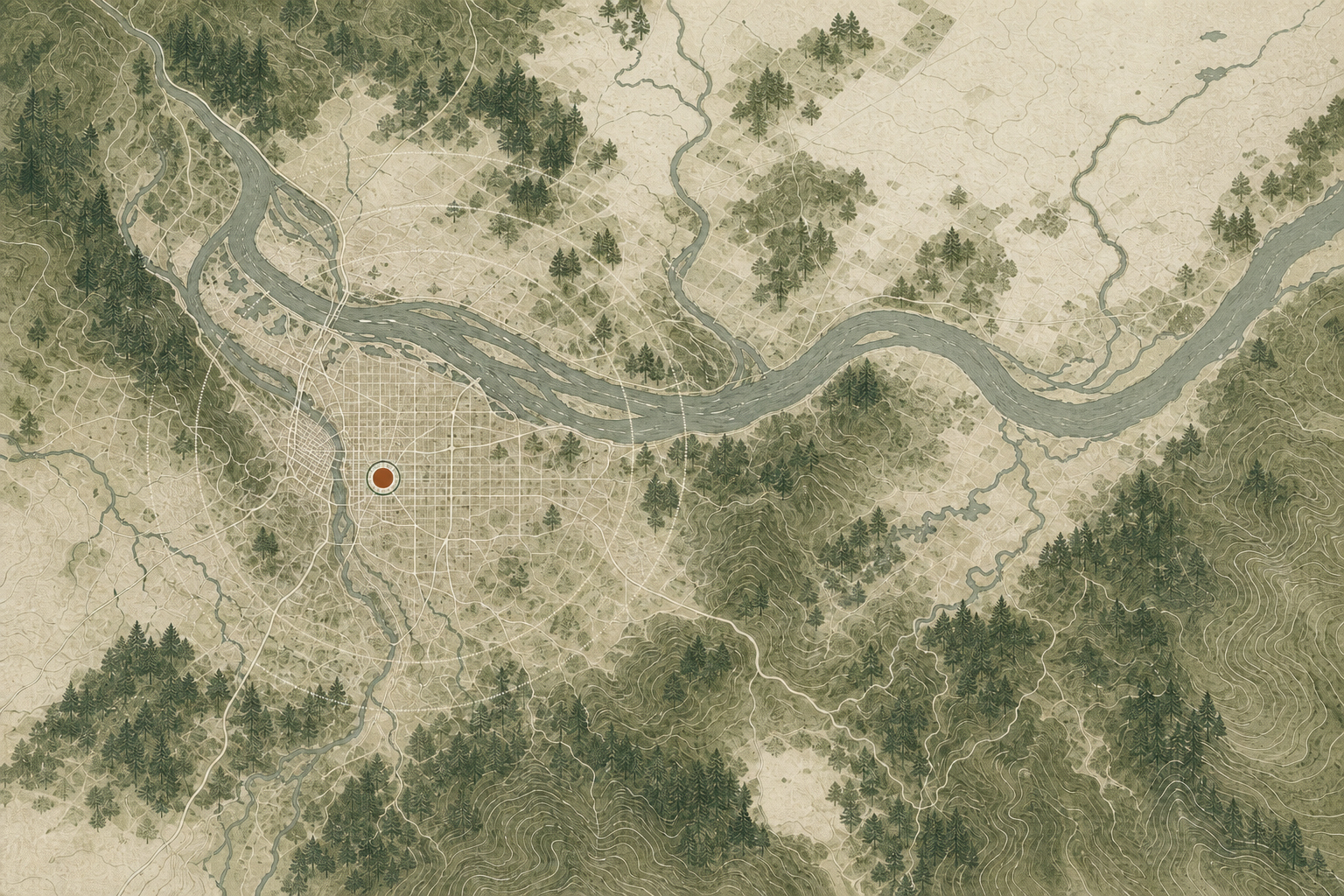 Illustrated service-area map of Portland and the lower Columbia River region