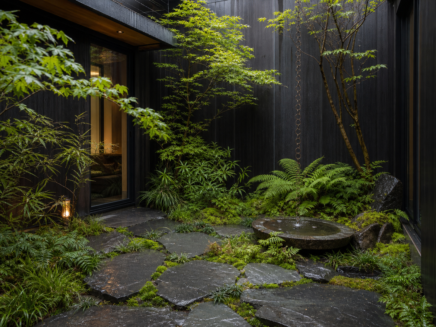 Rain chain falling into a carved stone basin in a dark cedar courtyard garden