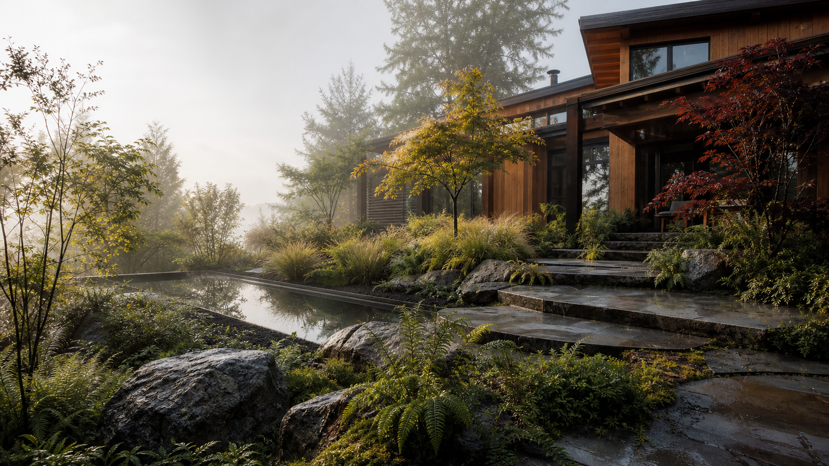 Mist lifting over a cedar home surrounded by ferns, grasses, basalt steps, and a reflecting pool