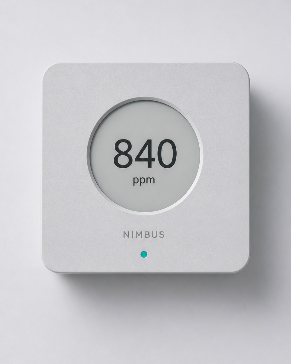 Nimbus One photographed square to camera as a front elevation, its display reading 840 parts per million.