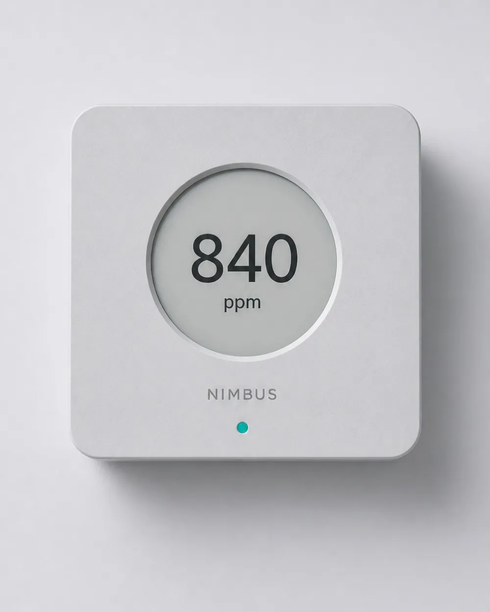 Nimbus One photographed square to camera as a front elevation, its display reading 840 parts per million.