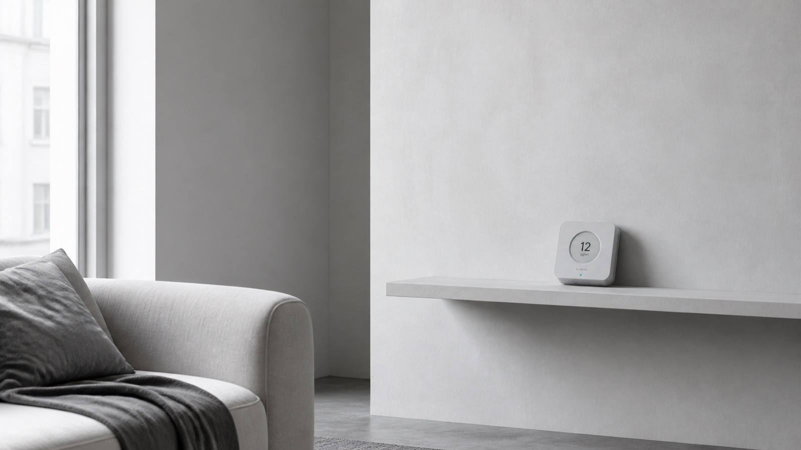 A pale, sparsely furnished living room in daylight with Nimbus One on a shelf at the right of the frame.
