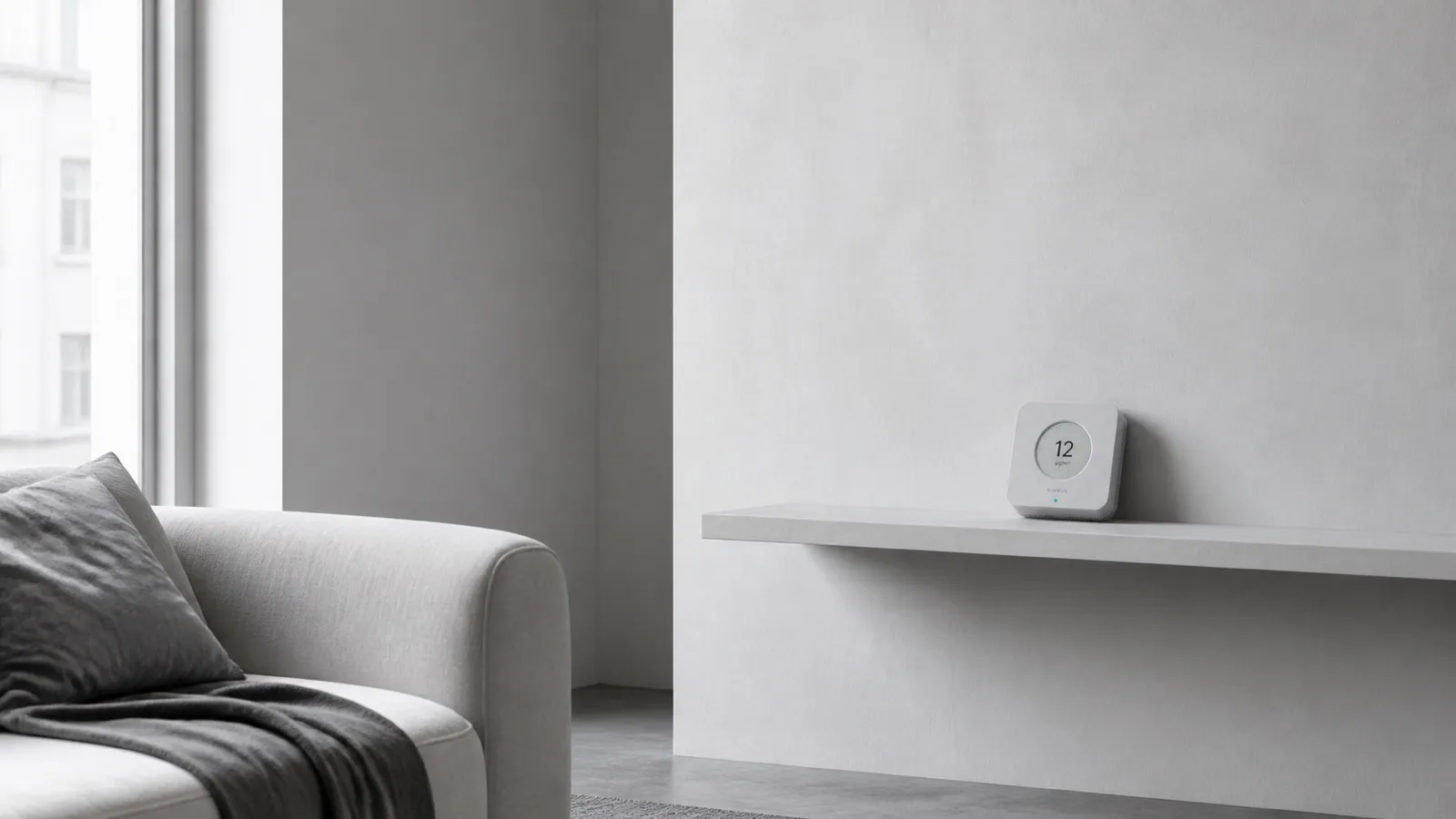 A pale, sparsely furnished living room in daylight with Nimbus One on a shelf at the right of the frame.