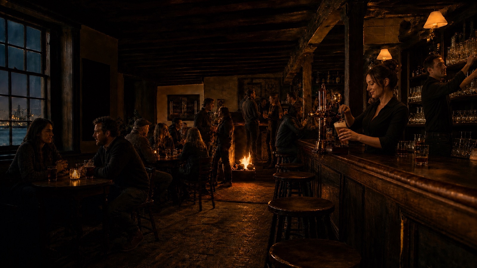Lamplight along the long oak bar at The Ember & Oak on a winter evening