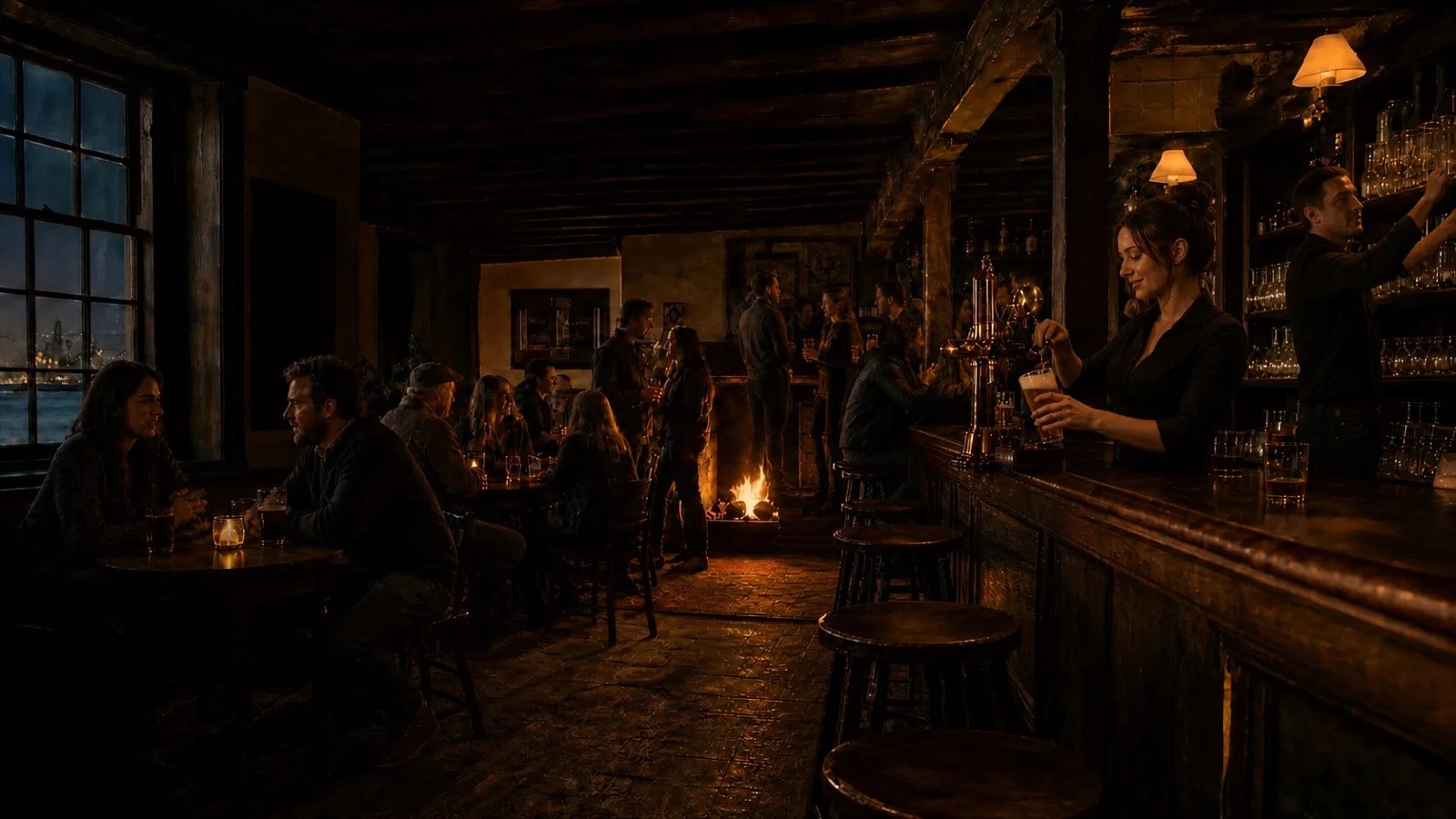 Lamplight along the long oak bar at The Ember & Oak on a winter evening