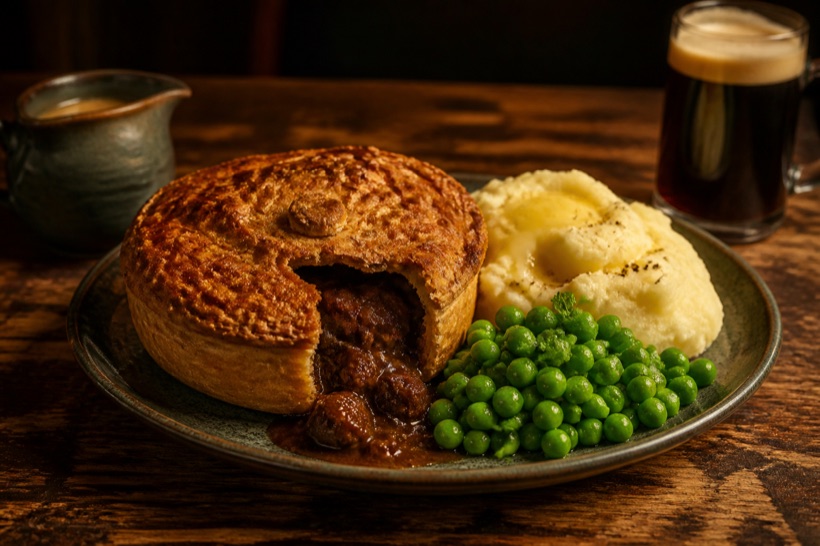 Suet-crusted beef and stout pie with buttered mash and minted peas