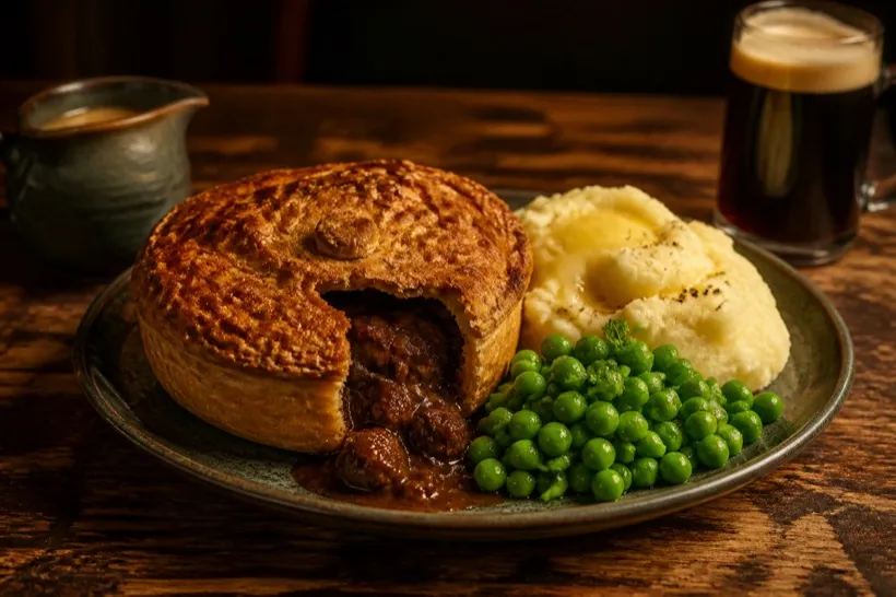 Suet-crusted beef and stout pie with buttered mash and minted peas
