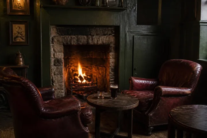 The snug fireplace surrounded by worn leather armchairs