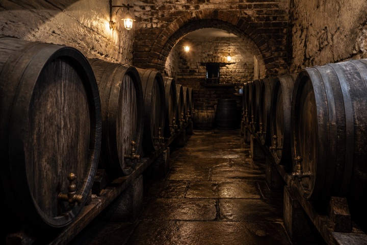 The cellar with casks stillaged and ready to be tapped