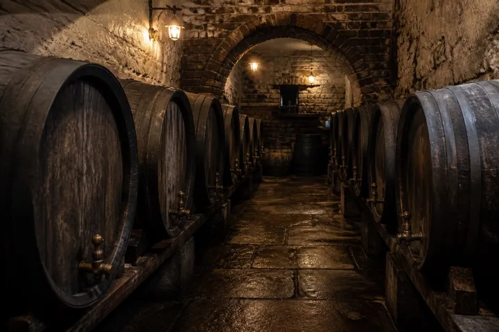 The cellar with casks stillaged and ready to be tapped