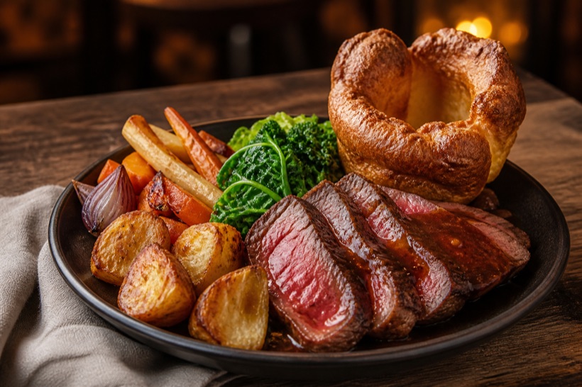 A dry-aged sirloin Sunday roast with dripping potatoes and a tall Yorkshire pudding