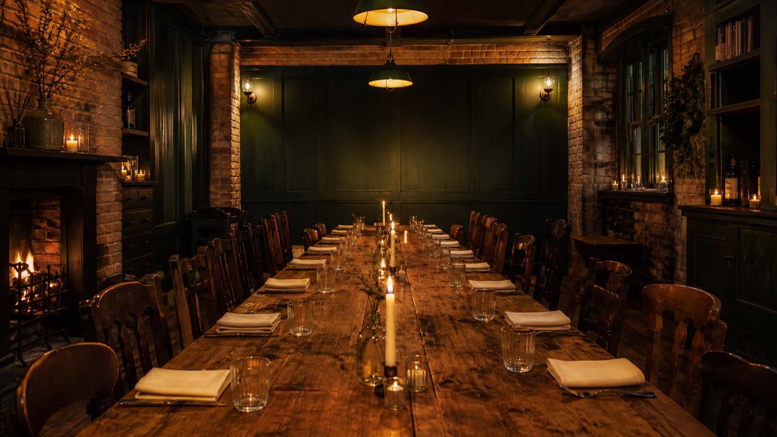 A long table laid for a large party in the back room of the pub