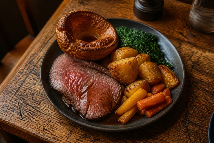 Sunday roast plated with dripping potatoes on a scrubbed oak table
