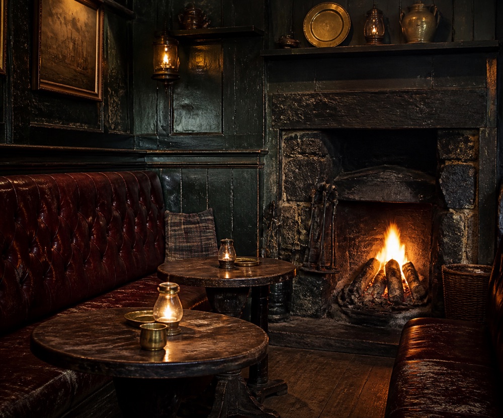 The snug at The Ember & Oak, with a lit fire and worn leather benches