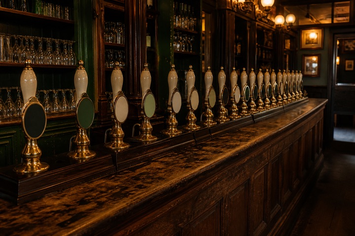 The long oak bar with fourteen hand pumps lined along the counter