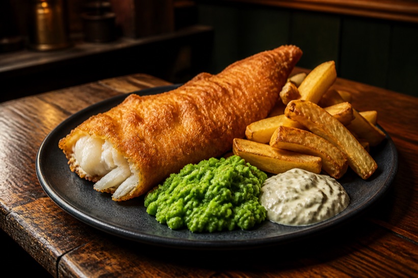 Beer-battered cod with triple-cooked chips, crushed peas and tartare sauce