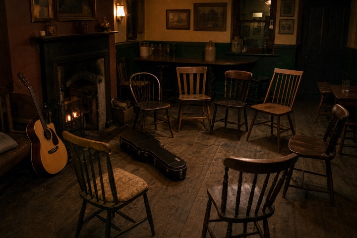 The back room set up for a folk session with chairs in a loose circle