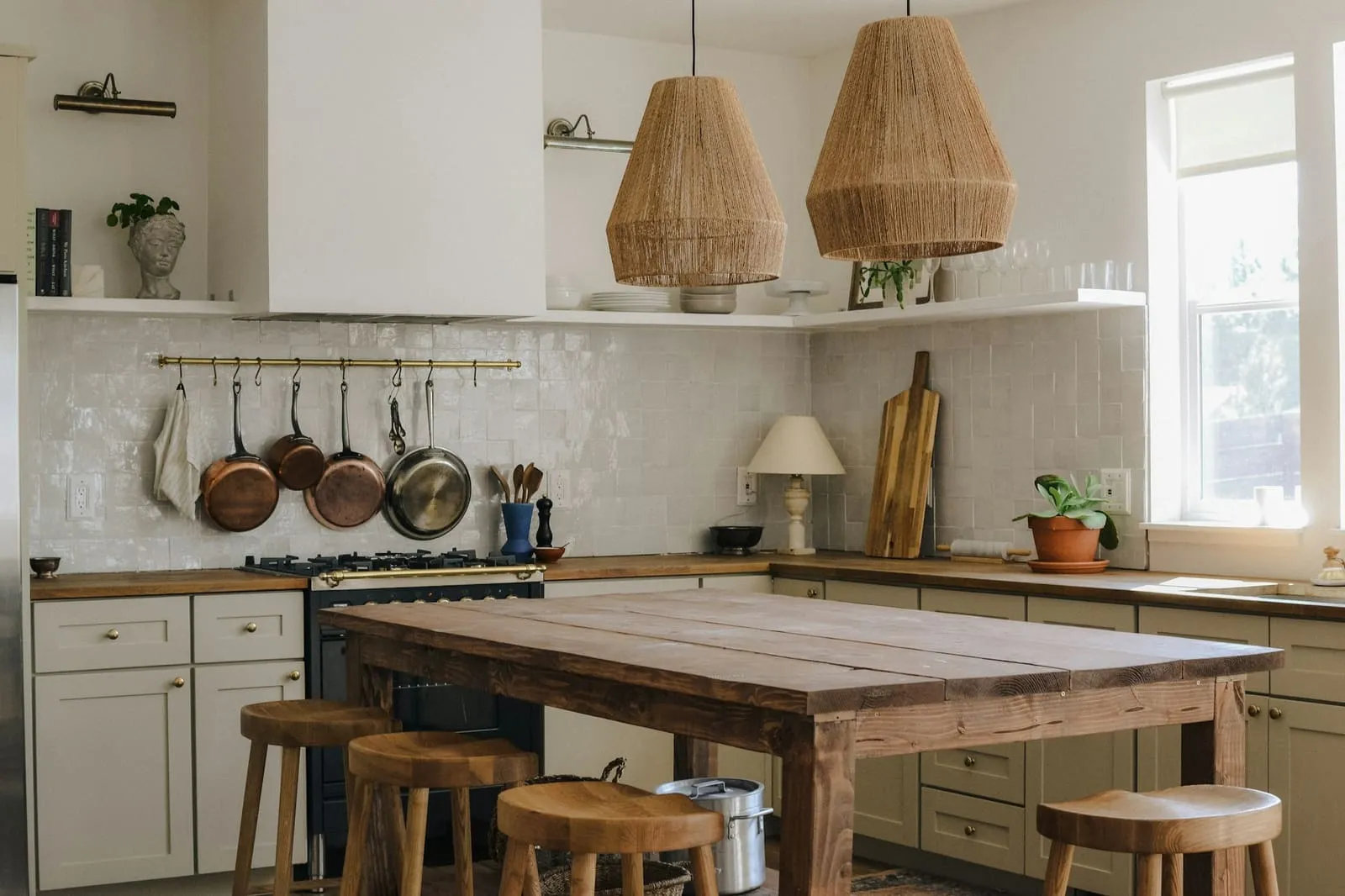 The first-floor kitchen with an island and open shelves