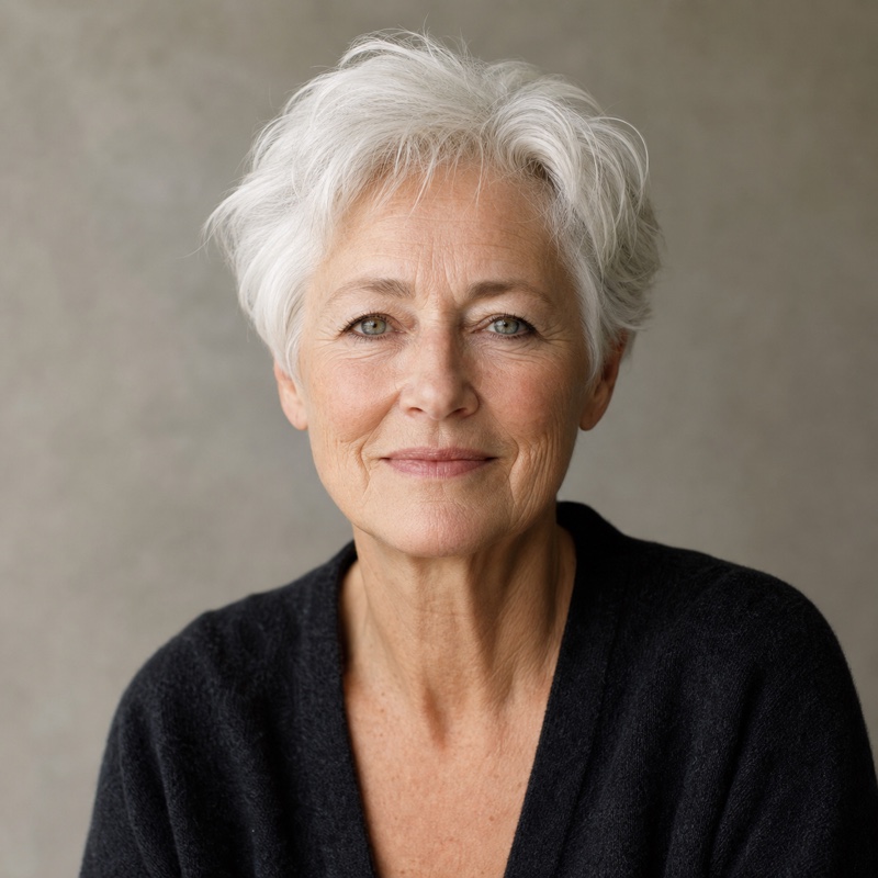 Square head-and-shoulders portrait of Hilde Bakker, a woman in her sixties with short white hair, soft plain background, natural daylight