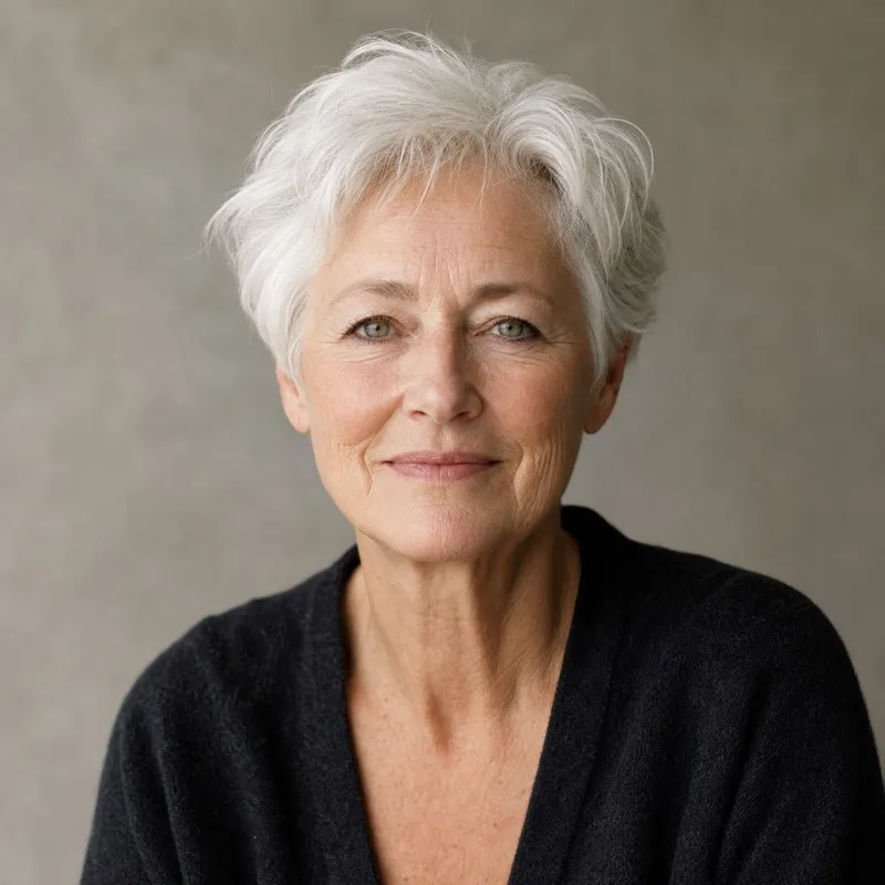 Square head-and-shoulders portrait of Hilde Bakker, a woman in her sixties with short white hair, soft plain background, natural daylight