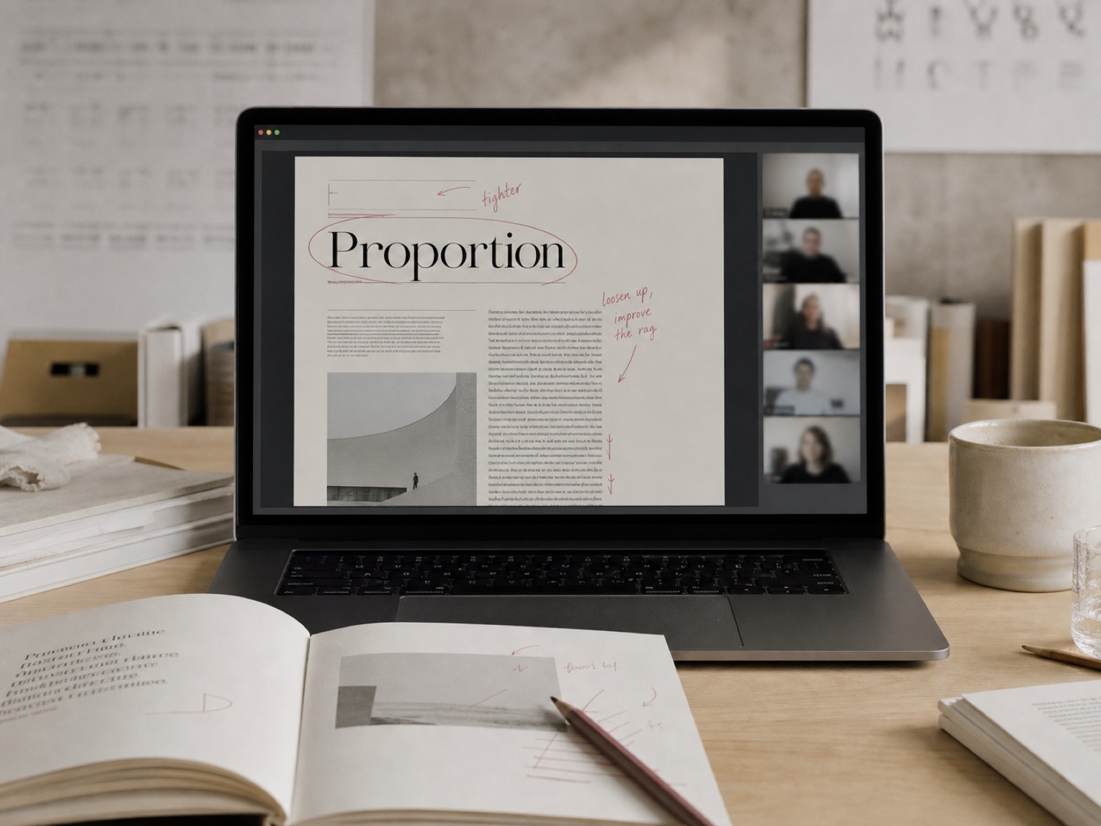 A live critique on a laptop screen: a student's page shared in a call with rose annotation marks drawn over the headline and the rag