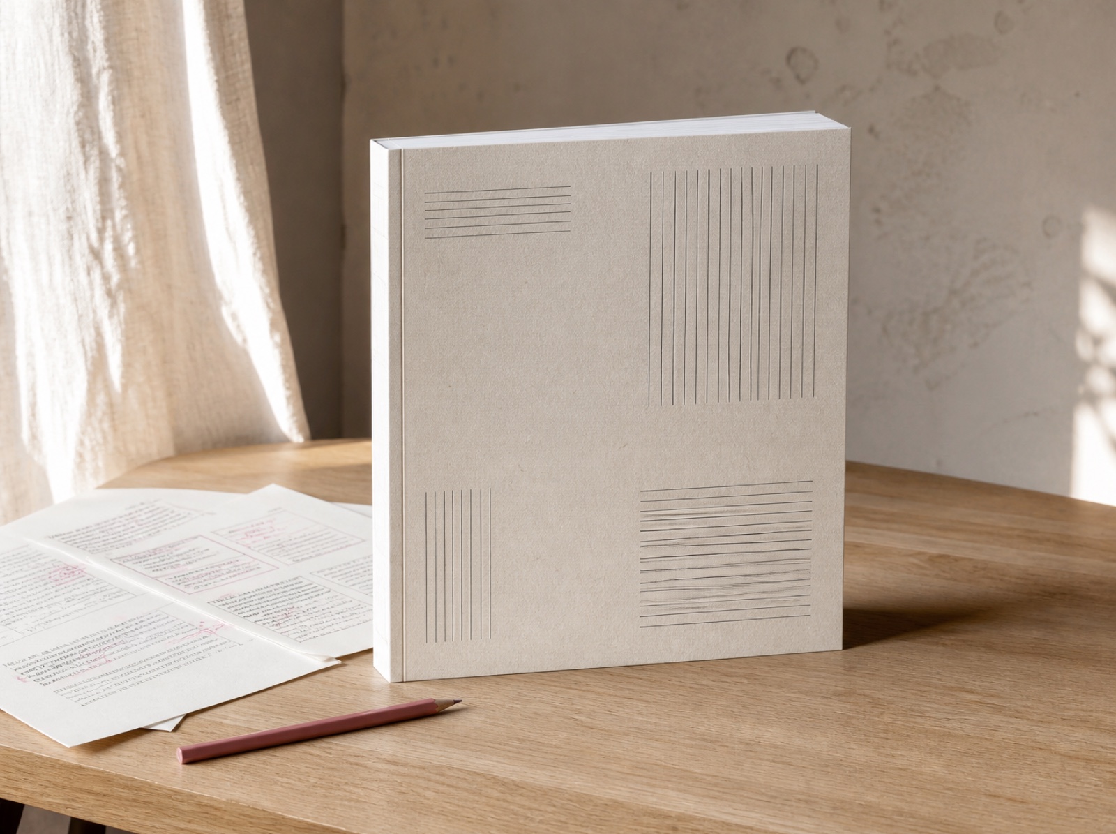 The printed course manual standing upright on a pale desk beside marked-up proofs and a dusty rose pencil, morning light raking across the paper