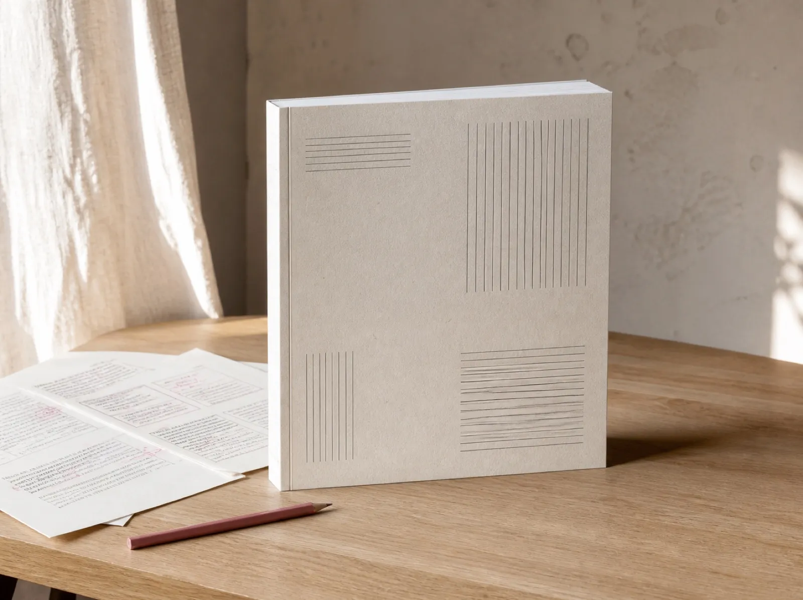 The printed course manual standing upright on a pale desk beside marked-up proofs and a dusty rose pencil, morning light raking across the paper