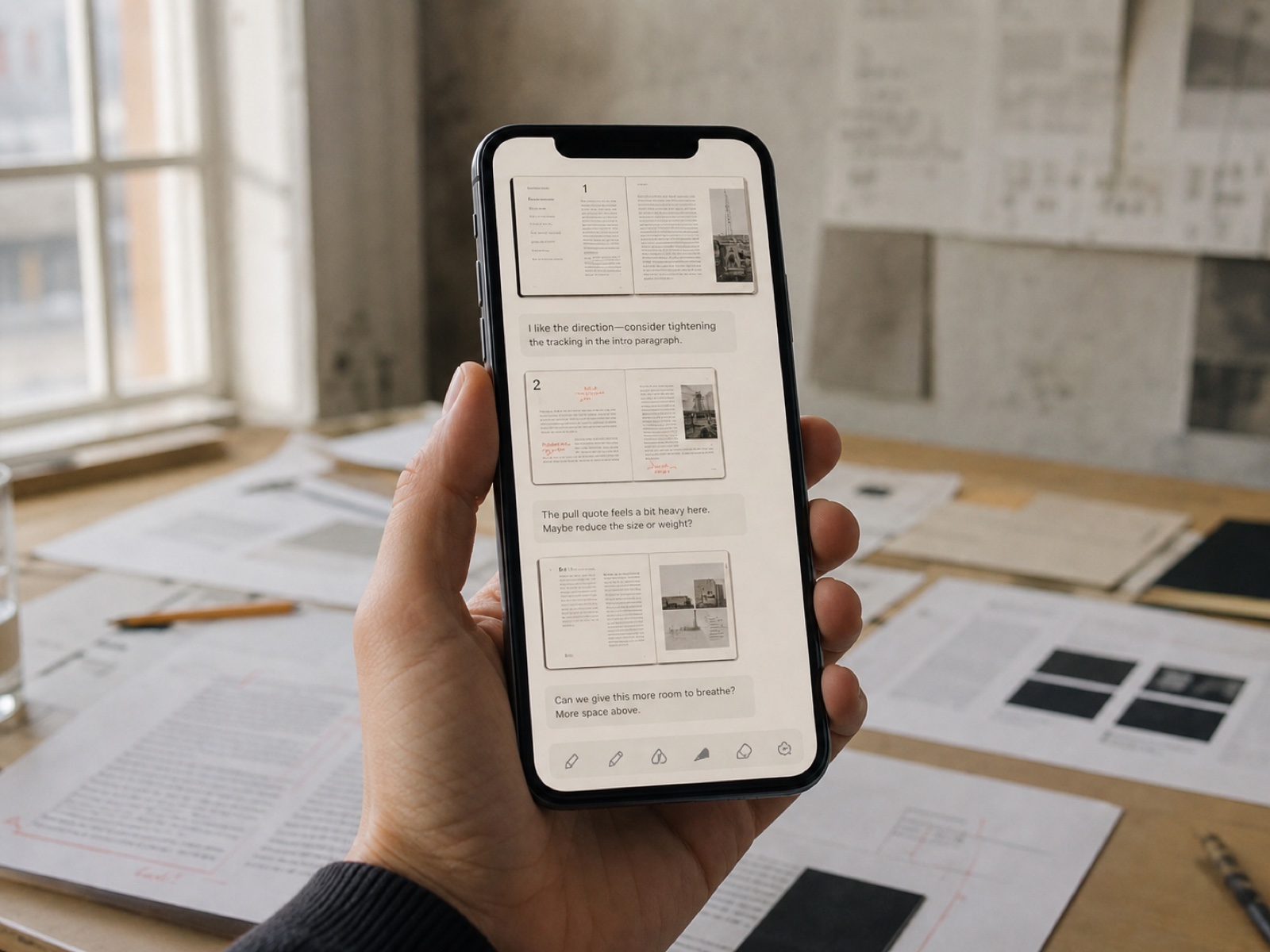 A phone held in one hand showing a studio chat thread full of layout screenshots and short written critiques, warm daylight behind