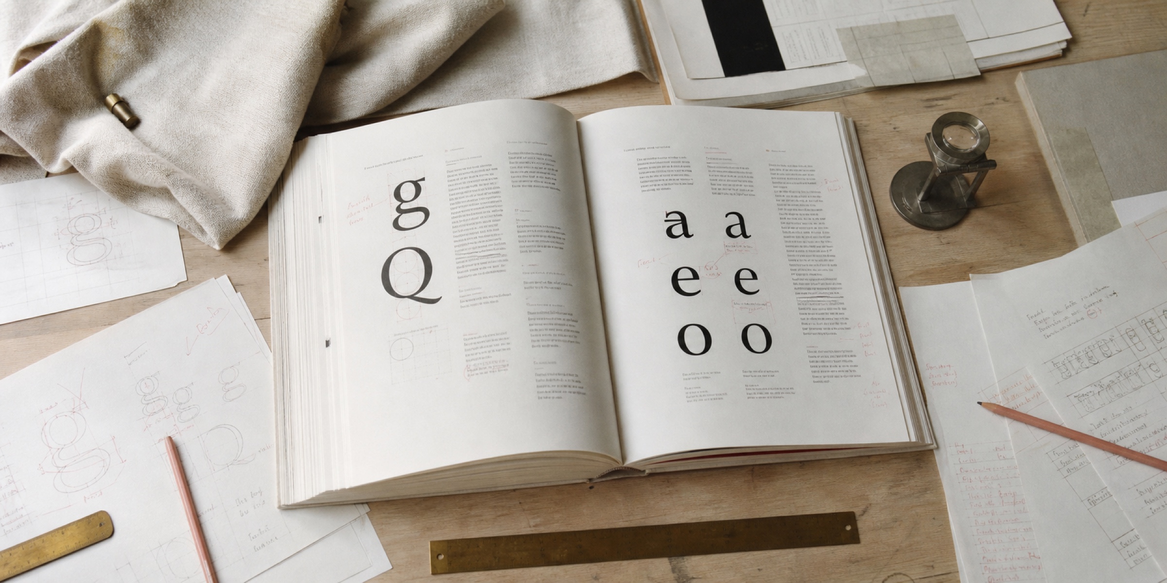 A typographer's desk photographed from directly above in soft daylight: an open course manual on a type-specimen spread, loose printed proofs annotated in dusty rose pencil, a brass ruler and a loupe on warm oat linen