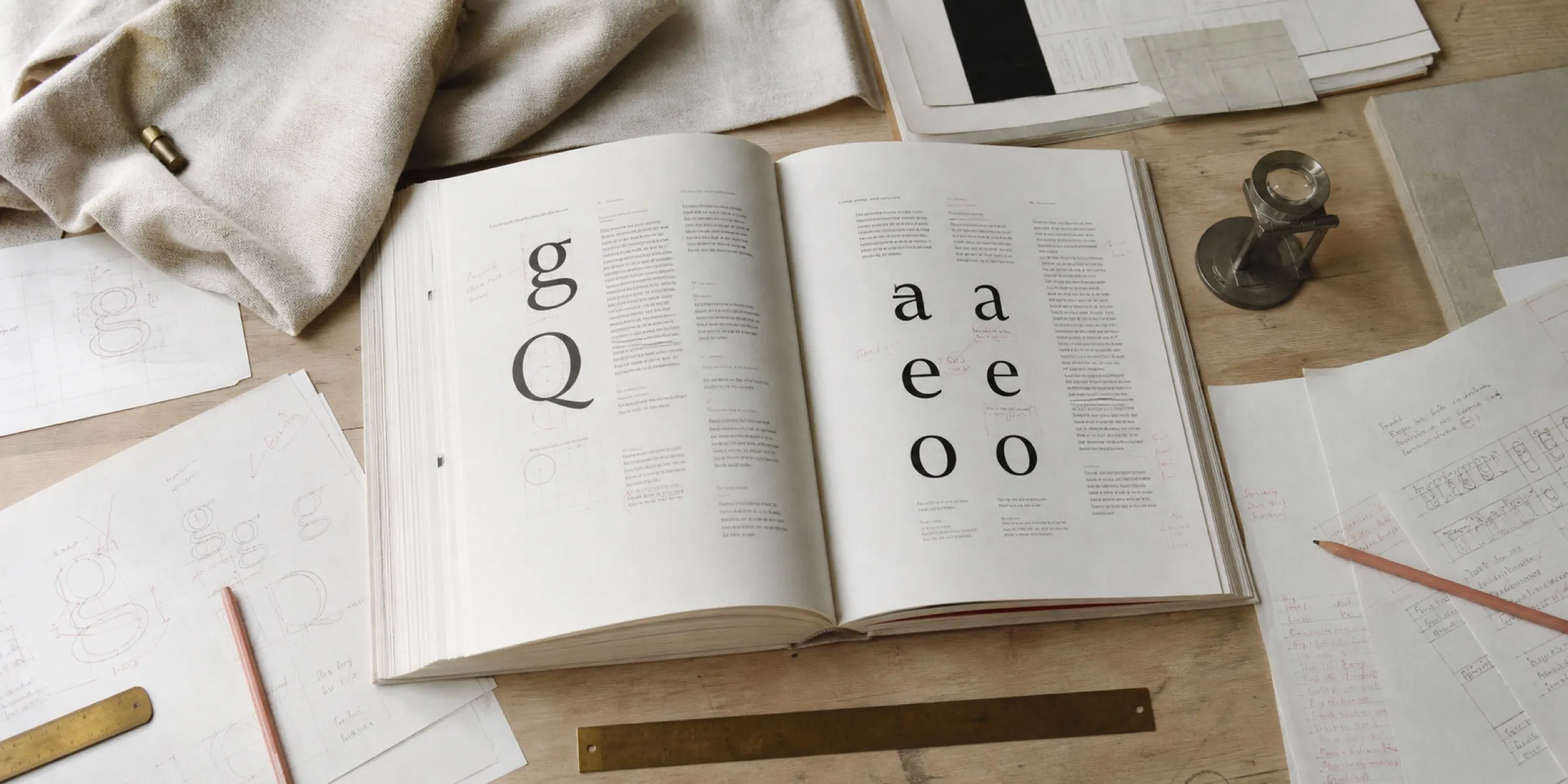 A typographer's desk photographed from directly above in soft daylight: an open course manual on a type-specimen spread, loose printed proofs annotated in dusty rose pencil, a brass ruler and a loupe on warm oat linen
