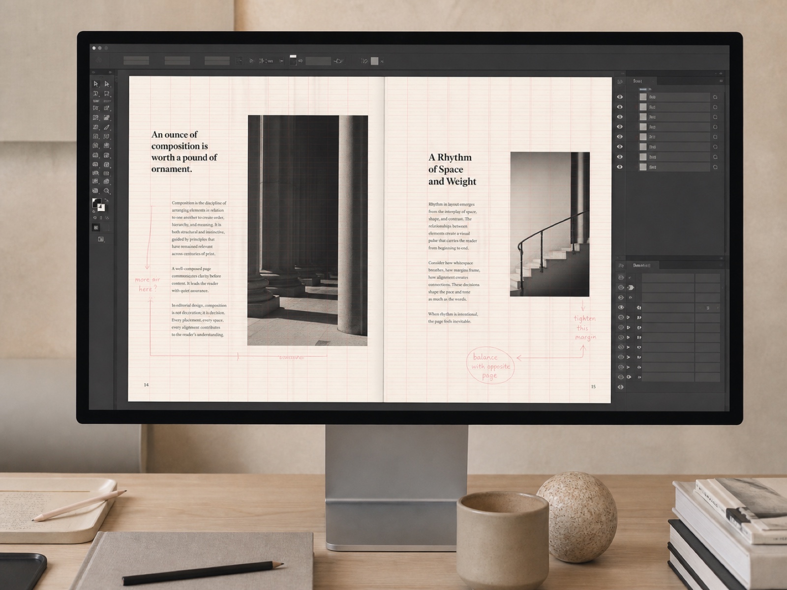 An InDesign document open with the layers panel exposed and the baseline grid visible over a two-column editorial spread