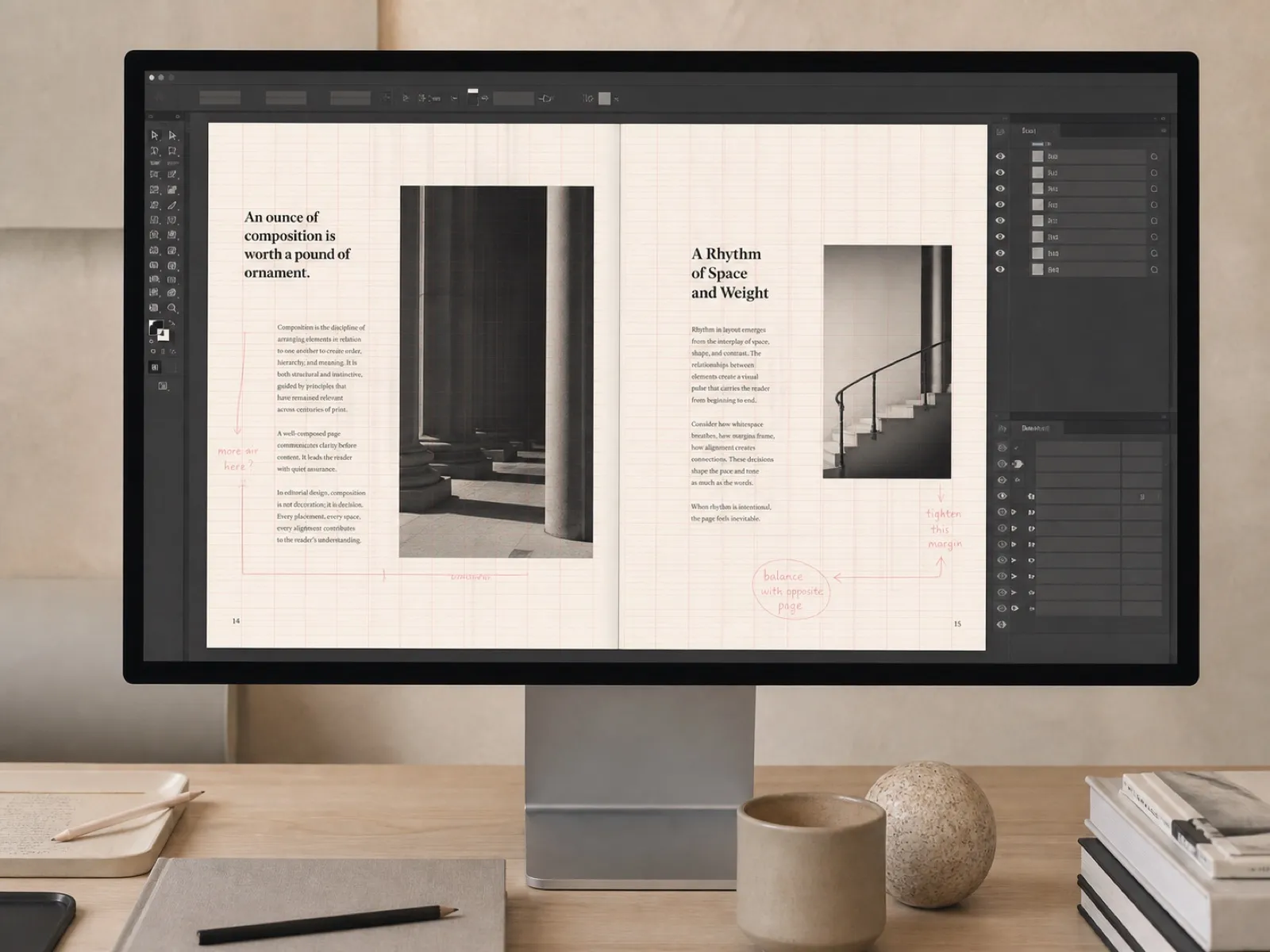 An InDesign document open with the layers panel exposed and the baseline grid visible over a two-column editorial spread