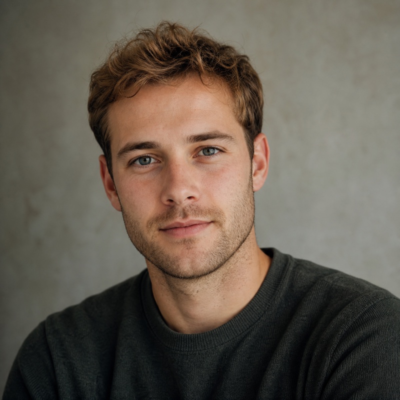 Square head-and-shoulders portrait of Sam Achterberg, a man in his late twenties, soft plain background, natural daylight