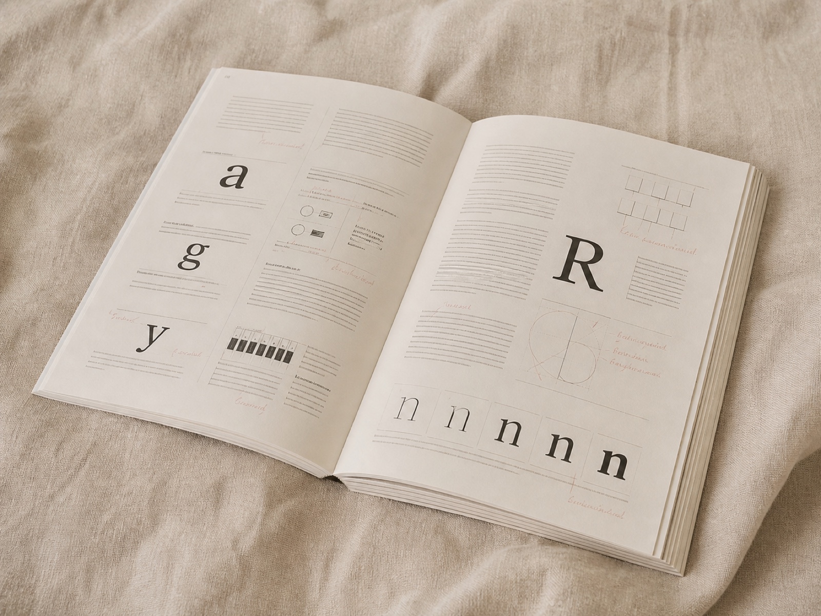 The printed course manual lying open on warm linen, a thick perfect-bound book showing a specimen spread, soft daylight and no hard shadow